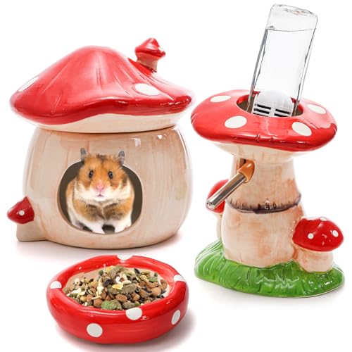 Hacaroa 3 Stück Keramik Hamster Versteck Pilzform Meerschweinchen Futternapf Niedliche Wasserflasche mit Ständer Cool Hamster Bett Haus Kleintier Käfig Zubehör für Zwerghamster, Mäuse, Rennmäuse Hacaroa 3 Stück Keramik Hamster Versteck Pilzform Meerschweinchen Futternapf Niedliche Wasserflasche mit Ständer Cool Hamster Bett Haus Kleintier Käfig Zubehör für Zwerghamster, Mäuse, Rennmäuse von Hacaroa