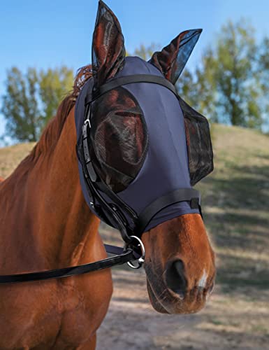 HackFond Pferdemaske, großzügige und feine Netz-Augenabdeckungen und Ohren, elastische Maske, eng anliegend, bequem, atmungsaktiv, leicht, dehnbar, für Pferde, Marineblau von HackFond