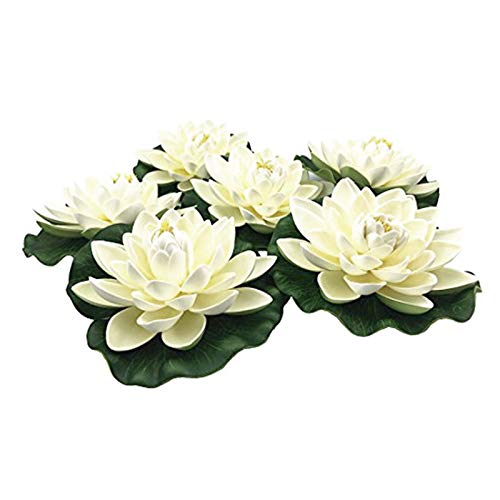 Hagsnec 6 StüCke KüNstliche Schwimm Schaum Lotus Blumen, mit Seerose Pad Ornamente, Elfenbein Weiß, Perfekt für Patio Koi Teich Pool Aquarium Hausgarten Hochzeit Urlaub Dekoration von Hagsnec