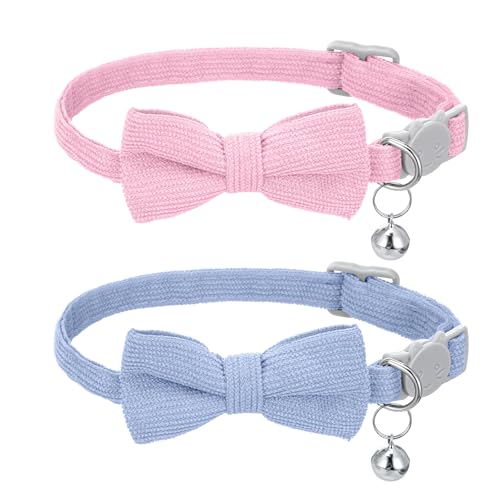Katzenhalsband mit Glöckchen und Fliege, weiches Cord-Katzenhalsband mit abnehmbaren, verstellbaren Sicherheits-Kätzchen-Halsbändern für Haustiere (Rosa und Hellblau), 2 Stück von HaiFafafaing