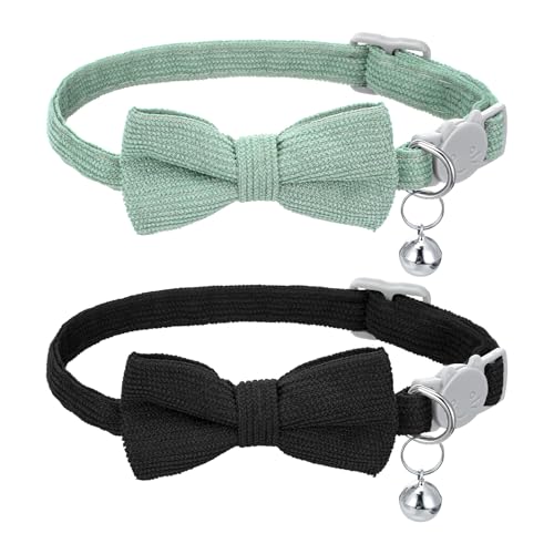 Katzenhalsband mit Glöckchen und Fliege, weiches Cord-Katzenhalsband mit abnehmbaren, verstellbaren Sicherheits-Kätzchen-Halsbändern für Haustiere (Schwarz und Grün), 2 Stück von HaiFafafaing