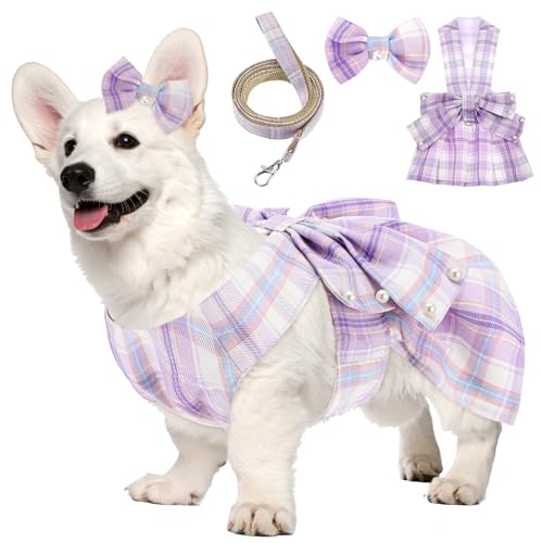 Hund Gitter Kleid Gitter Kleid und Leine Set Katzenkleid mit Schleife für kleine Hunde, Katzen, Hündinnen, Geburtstags-Welpenkleid-Outfits(Lila) von HaiFafafaing