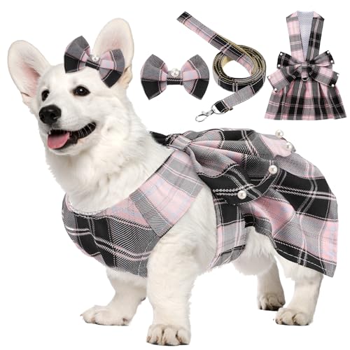 Hund Gitter Kleid Gitter Kleid und Leine Set Katzenkleid mit Schleife für kleine Hunde, Katzen, Hündinnen, Geburtstags-Welpenkleid-Outfits (Schwarz Rosa) von HaiFafafaing