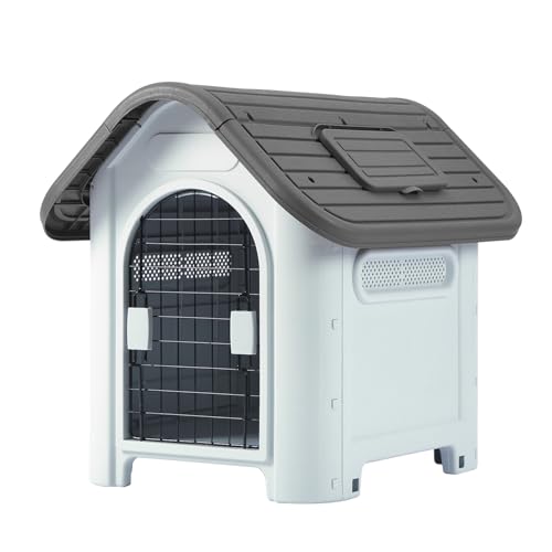 Kunststoff Hundehaus, Haustier Hundehütte Wasserbeständig für kleine mittelgroße Hunde mit Tür, Innen- und Außenbereich (Grau) von HaiYiZuhause