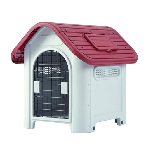 Kunststoff Hundehaus, Haustier Hundehütte Wasserbeständig für kleine mittelgroße Hunde mit Tür, Innen- und Außenbereich (Rot) von HaiYiZuhause