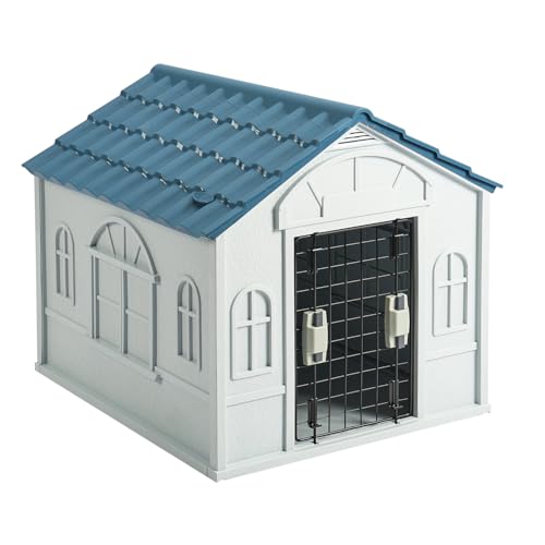 Kunststoff Hundehaus, Haustier Hundehütte Wasserbeständig für kleine mittelgroße Hunde mit Tür, Innen- und Außenbereich (blau) von HaiYiZuhause