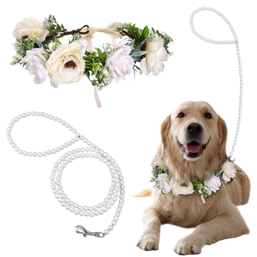 Haiabei Hundehalsband mit Blume, Hochzeits- und Leine, Set mit Perlen, elegantes Hunde-Blumen-Stirnband, Haustier-Foto-Requisite für Hochzeit, verstellbare Blumenhalsbänder, Haustier (mittel), Weiß von Haiabei