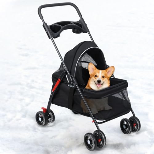 Haibinsuo 4-Rad-Houndewagen MIT GetRänkehalter & Belüftungsnetz-Klappbarer Hautier Wogen für Kleine/Mittelgroße Hunde & Katzen, Stabiles Metallgestell, Doppelbremsen 1 Satz von Haibinsuo