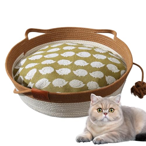 Gewebter Katzenkorb, Baumwolle, atmungsaktiv, Katzenbett, Haustier-Schlafnest mit Baumwollkissen, Haustierbett für kleine Katzen, 35 x 35 x 13 cm von Hailerio