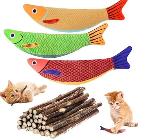 Halinuia Katzenminze Spielzeug - 33 Stück Kausticks für Katzen Katzenspielzeug Fisch Matatabi Stick Katze Zahnpflege Spielzeug Dental Kausticks Cat Chewing Toy für Katzen zum Kratzen Spielen und Kauen von Halinuia