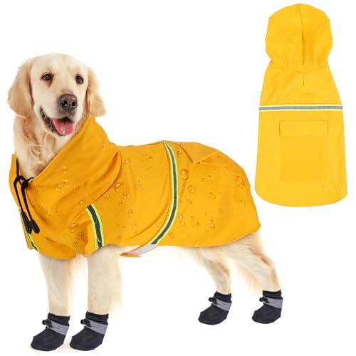 Halinuia Regenmantel Hund Wasserdicht Regenjacke Coole Gelb Hunderegenmantel mit 4 Hundeschuhe, Hunde Regenmantel für Großer Hund(L) von Halinuia