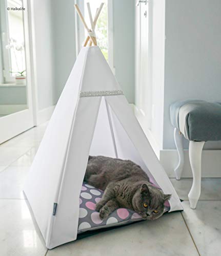 Tipi für Katzen und Hunde. Zelt für Katzen. Wasserdichtes Bett für Haustiere. Haus für Katzen. Zelt mit Abnehmbarer Abdeckung für Katzen. (55x55x82cm, Weißes Zelt, Pinke Punkte) von Halkalife