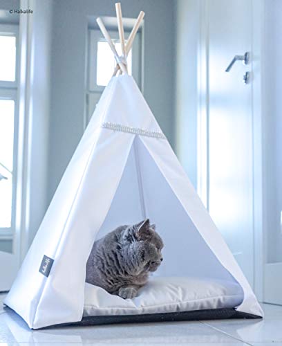 Tipi für Katzen und Hunde. Zelt für Katzen. Wasserdichtes Bett für Haustiere. Haus für Katzen. Zelt mit Abnehmbarer Abdeckung für Katzen. (55x55x82cm, Weißes Zelt, Weiß) von Halkalife