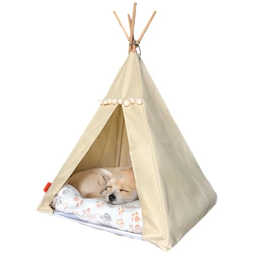 Haustierzelt mit Fleecedecke und Stabilisator, Hundezelt, wasserdichtes Haustierzelt mit rutschfestem Boden. Hundehütte mit abnehmbarem Bezug. (Beige, 65x65x94, Beiges Zelt) von Halkalife