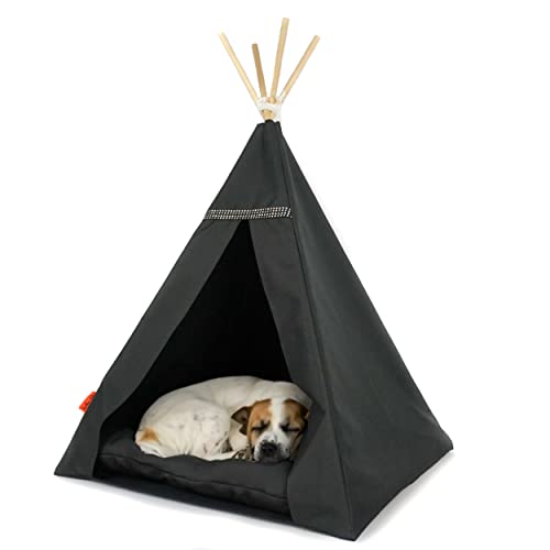 Hundezelt – Tipi für einen kleinen Hund mit Fleecedecke und Stabilisator – wasserdichte Haustierhütte mit rutschfestem Boden, waschbares Hunde-Tipi (65x65x92cm, Schwarzes Zelt, Schwarz) von Halkalife