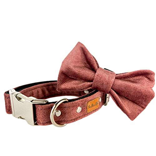 Hundehalsband aus Samt mit Fliege, verstellbares Hundehalsband, haltbares, weiches Hundehalsband mit Fliege (Schmutziges Rosa, Metallschnalle, M) von Halkalife