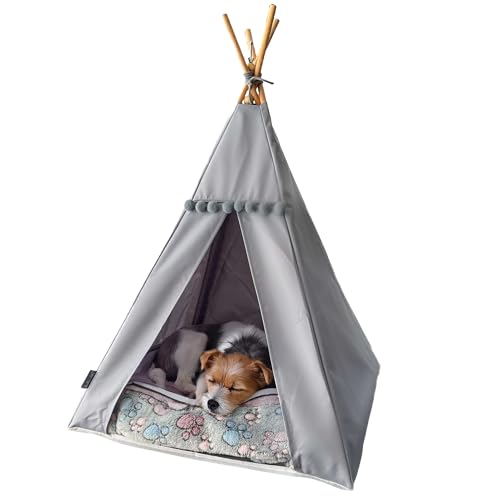 Tipi für Katzen und Hunde mit Bommeln, Wasserdichtes Haustierzelt mit Rutschfester Basis, Hunde- und Katzenhaus (Graues, graues Kissen, 55x55cm) von Halkalife