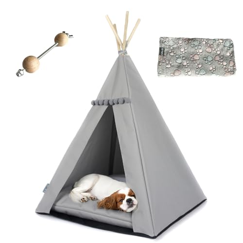 Wasserdichtes Haustierzelt mit Fleecedecke und Stabilisator - Hunde-Tipi - Welpen-Tipi-Zelt - Hundezelt - Haustierhaus für den Innenbereich - Hundehütte (Grau, 65x65x94cm, Graues Zelt) von Halkalife