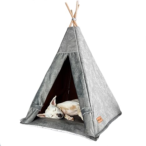 Hundezelt mit kuscheligem Vorhang. Velours-Tipi Zelt für Hunde, wasserdichtes und abriebfestes Tipi für Haustiere. Hundehütte, Hundenest. (L (70x70x100 cm), Grau) von Halkalife