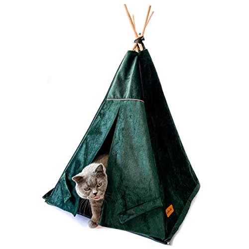 Tipi-Zelt für Katzen – Premium-Zelt für Katzen aus weichem und strapazierfähigem Material mit Stabilisator – Haus für Katzen und Hunde, leicht sauber zu halten (M (55x55x82 cm), Flaschengrün) von Halkalife