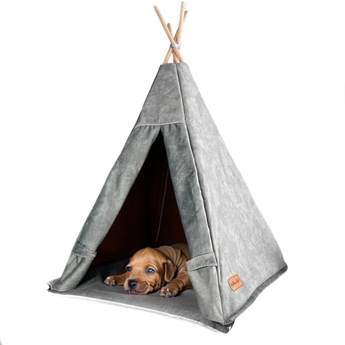 Zelt für Haustiere mit Vorhang. Hunde-Tipi-Zelt, wasserdichtes Katzen-Tipi. Katzenhöhle. Hundehaus. (M (55x55x82 cm), Grau) von Halkalife