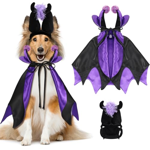 Halloscume 2-teiliges Halloween-Hundekostüm, Hexenumhang, Hut-Set, Kostüm, Katze, Hexe, Umhang, Zaubererhut, Halloween-Kostüme für kleine, mittelgroße und große Katzen und Hunde, Haustiere von Halloscume
