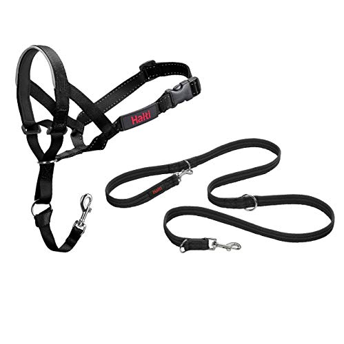 Halti Kopfhalsband und Trainingsleine Kombi-Pack, stoppt das Ziehen des Hundes auf Spaziergängen, beinhaltet Kopfhalsband Größe 4 und doppelendige Leine, schwarz von Halti