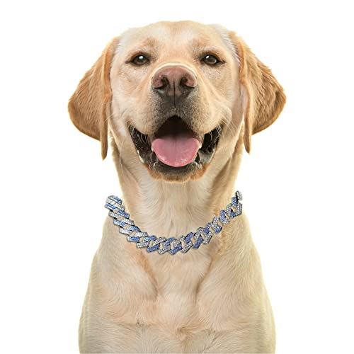 Halukakah Goldkette Iced Out für Große Hunde,Diamant Kubanische Halskette Kragen 14MM Platin Weißgold Überzogen Blau Diamanten 55cm Größe mit KOSTENLOSER Geschenkbox,Nur Dekoration von Halukakah