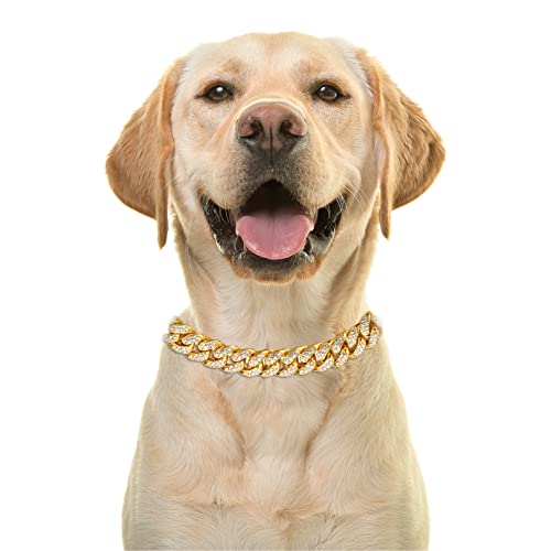 Halukakah Goldkette Iced Out für Hund,Diamant Kubanische Halskette Kragen 14MM 18 Karat Echt Vergoldet 40cm Größe S mit KOSTENLOSER Geschenkbox,Nur Dekoration von Halukakah