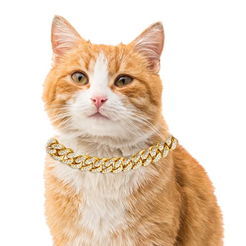 Halukakah Goldkette Iced Out für Katze,Diamant Kubanische Halskette Kragen 14MM 18 Karat Echt Vergoldet 18cm Größe XS mit KOSTENLOSER Geschenkbox,Nur Dekoration von Halukakah