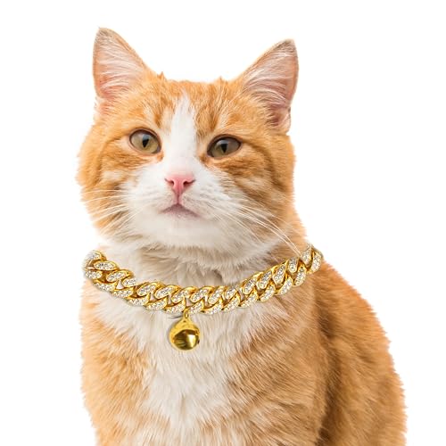 Halukakah Katzehalsband - Karat - Diamant Cuban Link Goldkette für Katzen & Kätzchen - 18 Karat Echtgold Plattiert - 20cm Halsbandgröße - mit Glocke - Machen Sie Ihre Katze zur Fashionista von Halukakah