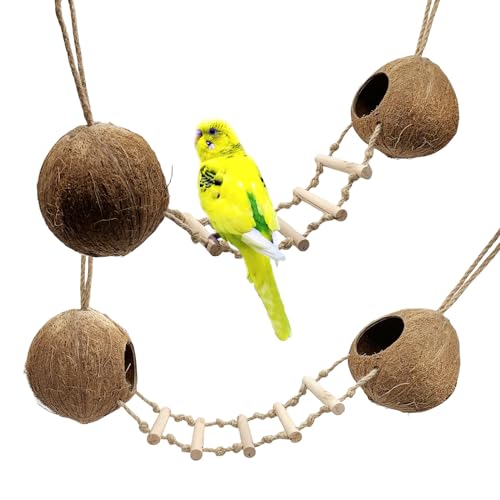 2 x Vogelhäute aus Kokosnuss mit Holzleiter, syrischer Hamsterkäfig zum Aufhängen, natürliche Kokosnuss-Hütte, Spielzeug mit Holzbrücke, hohles Versteck Spielzeug von Hamiledyi