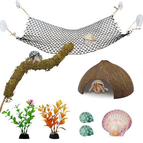 Hamiledyi Einsiedlerkrebs-Hängematte, Einsiedlerkrebse, Kokosnussschalenhütte, natürliches Klettermoos, Pflanzenset für Leopard, Geckos, Schopfhamster, Spinne, Frosch, 8 Stück von Hamiledyi