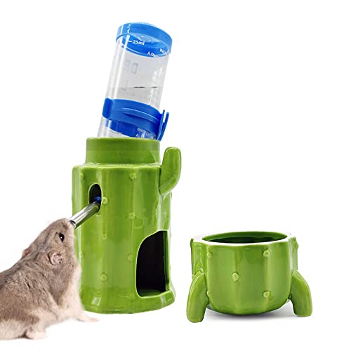 Hamiledyi Hamster-Wasserflasche mit Halterung, Kaktus-Keramik-Wasserspender, Ständer mit Futternapf, für Hamster und kleine Tiere von Hamiledyi