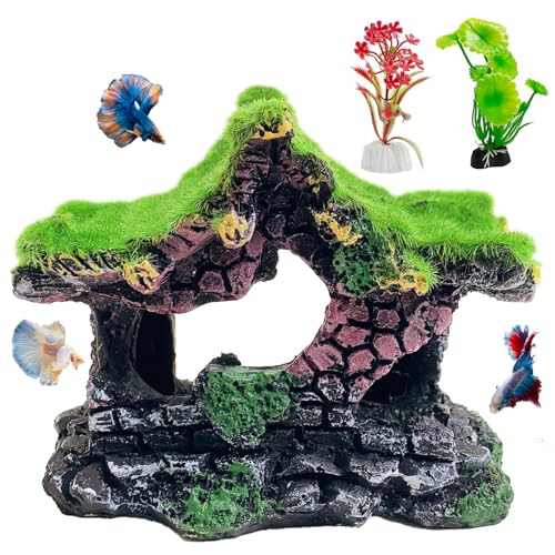 Hamiledyi Harz, hohles Versteck Haus für Aquarium-Dekoration, Aquarium-Zubehör, Betta-Höhle mit lebensechtem Moos für Garnelen, Fischunterschlupf Hamiledyi Harz, hohles Versteck Haus für Aquarium-Dekoration, Aquarium-Zubehör, Betta-Höhle mit lebensechtem Moos für Garnelen, Fischunterschlupf von Hamiledyi