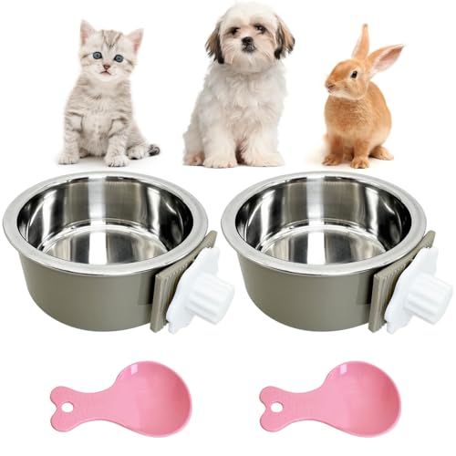 Hamiledyi Hundenapf für Hundehütten, abnehmbar, Edelstahl, zum Aufhängen, kein Verschütten, langlebig, abnehmbares Design, passend für kleine und mittelgroße Hundekäfige, Grau, 2 Stück von Hamiledyi