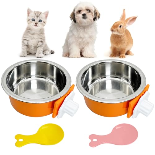 Hamiledyi Hundenapf für Katzen, abnehmbarer Edelstahlnapf zum Aufhängen, kein Verschütten, langlebig, abnehmbares Design, passend für kleine und mittelgroße Hundekäfige (2 Stück, Orange von Hamiledyi