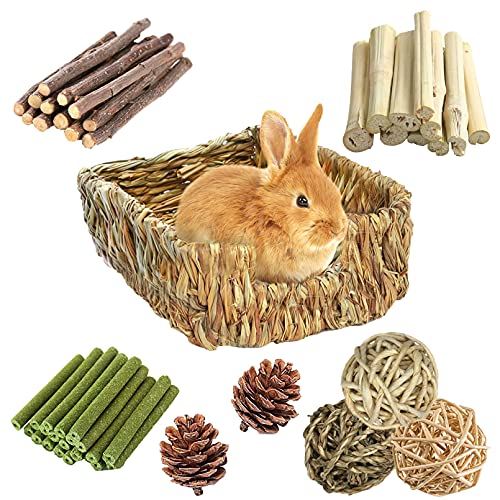 Hamiledyi Kaninchengrasbett für Kaninchen, 21 Stück, Kaninchen-Kauspielzeug zum Zähneknirschen, süßer Bambus-Timothy-Stick, gewebter Grasball, Tannenzapfen, natürliches Stroh, Bettwäsche für Hamiledyi Kaninchengrasbett für Kaninchen, 21 Stück, Kaninchen-Kauspielzeug zum Zähneknirschen, süßer Bambus-Timothy-Stick, gewebter Grasball, Tannenzapfen, natürliches Stroh, Bettwäsche für von Hamiledyi
