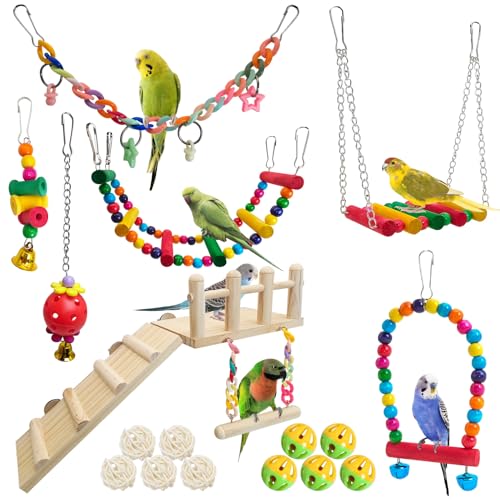 Hamiledyi Papageienschaukelspielzeug, Sitzstangen mit Kletterleiter, zum Kauen, Hängen, Stehen, buntes Spielzeug, Käfigzubehör für Sittiche, Sittiche, Finken, Lovebirds, Wellensittiche, Kanarienvögel Hamiledyi Papageienschaukelspielzeug, Sitzstangen mit Kletterleiter, zum Kauen, Hängen, Stehen, buntes Spielzeug, Käfigzubehör für Sittiche, Sittiche, Finken, Lovebirds, Wellensittiche, Kanarienvögel von Hamiledyi