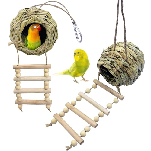 Hamiledyi Vogelhäuser aus Gras, gewebtes Vogelhaus, hängendes Seil, Vogelnest mit Aktivitätsleiter, Kleintier-Ruhehaus für Terrasse, Rasen, Garten, Dekoration, Geschenke für Vogelliebhaber, von Hamiledyi