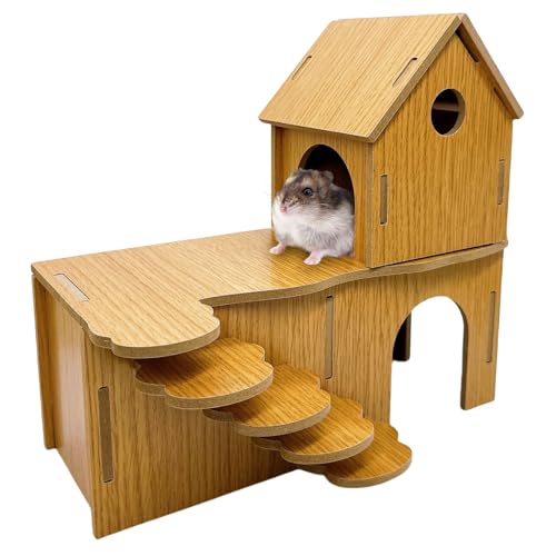 Hamsterversteck Doppeldecker Zwerghamsterhaus Holzversteckhütte mit Kletterleiter Tunnel Mehrkammer Erkundungsspielzeug Lebensraum Dekor Plattform für Rennmäuse Syrische Maus Ratte von Hamiledyi