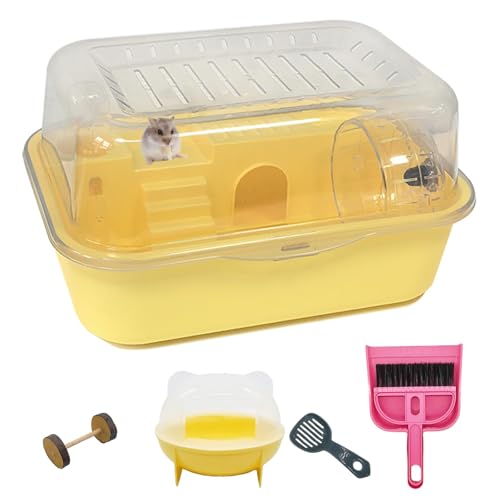 Kleiner Hamsterkäfig, transparenter Kunststoff, Hamsterkäfig, tragbarer Hamsterträger mit Wasserflasche, Übungsrad, Badewannen-Box-Set, Spielzeug für Zwerghamster, Baby-Hamster (Gelb) von Hamiledyi