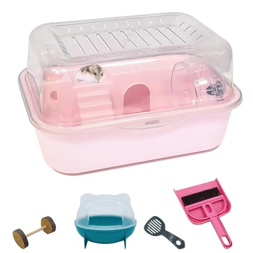 Kleiner Hamsterkäfig, transparenter Kunststoff, tragbarer Hamsterträger mit Wasserflasche, Laufrad, Badewannen-Box-Set, Spielzeug für Zwerghamster, Baby-Hamster (Rosa) von Hamiledyi