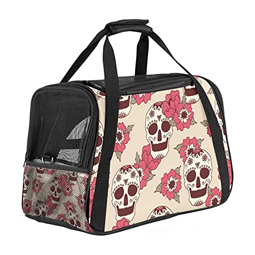 Haustiertasche Retro Blumenschädel Transporttasche für Katzen und Hunde Faltbare Katzentransportbox Drucken Hundebox Atmungsaktiv und sicher 43x26x30 cm von Haminaya