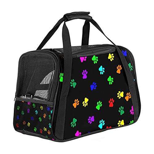 Transporttasche Katze Farbige Hundeabdrücke Hundetragetasche Faltbare Katzentragetasche Reiseträger mit weicher Matratze für den Transport mit Zug/Auto/Flugzeug 43x26x30 cm von Haminaya