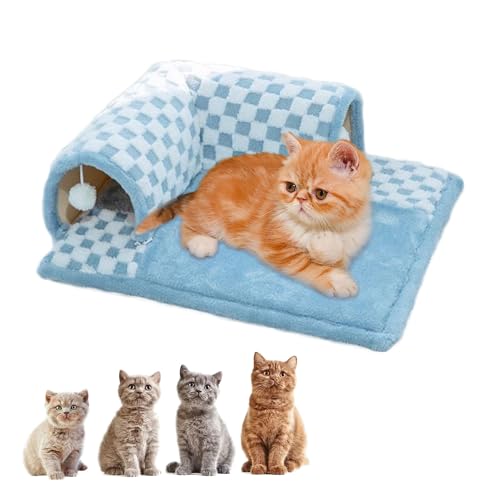 Cat Tunnel Bed, Katzentunnel und Bett, 2-in-1-Katzentunnel Mit Lustigem Plüsch-Karomuster, Katzentunnelbett mit Zentraler Matte, mit Flauschigem Spielzeugball für Hauskatzen von Hanaoni