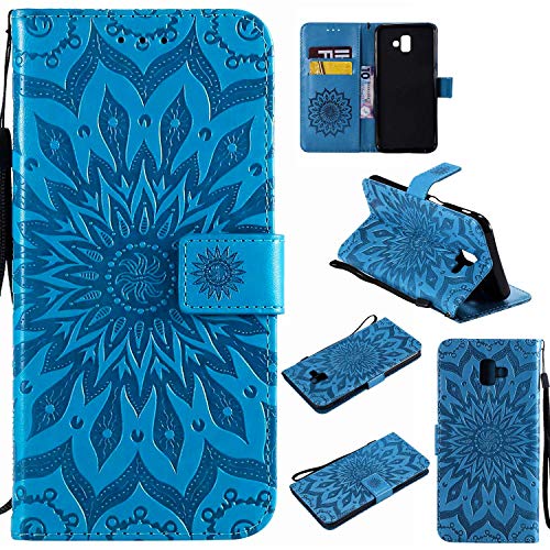 Hancda Hülle für Samsung Galaxy J6 Plus [Nicht für J6], Handytasche Handyhülle Flip Case Hüllen Leder Schutz Tasche Lederhülle Geldbörse Magnet Cover für Samsung Galaxy J6 Plus,Blumen Muster Blau von Hancda