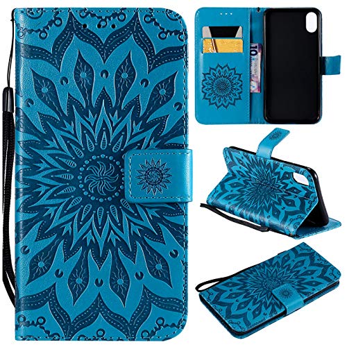 Hancda Hülle für iPhone XS/iPhone X, Leder Hülle Flip Case Handytasche für iPhone XS/iPhone X Handyhülle Schutz Tasche Lederhülle Magnet Cover für iPhone XS/iPhone X,Blumen Muster Blau von Hancda