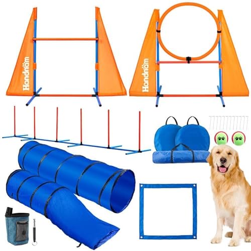 Handnam Dog Agility Course Backyard Set, Portable Agility Training Equipment for Dogs - 2 Agility Tunnel, 2 Jumps, 6 Weave Poles, Pause Box & More, Dog Hindernis Course Kit for Indoor and Outdoor von Handnam