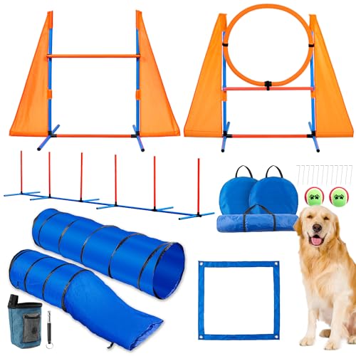 Handnam Dog Agility Course Backyard Set, Portable Agility Training Equipment for Dogs - 2 Agility Tunnel, 2 Jumps, 6 Weave Poles, Pause Box & More, Dog Hindernis Course Kit for Indoor and Outdoor von Handnam